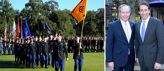 Cadets pass in review. President F. King Alexander with Congressman Garrett Graves.